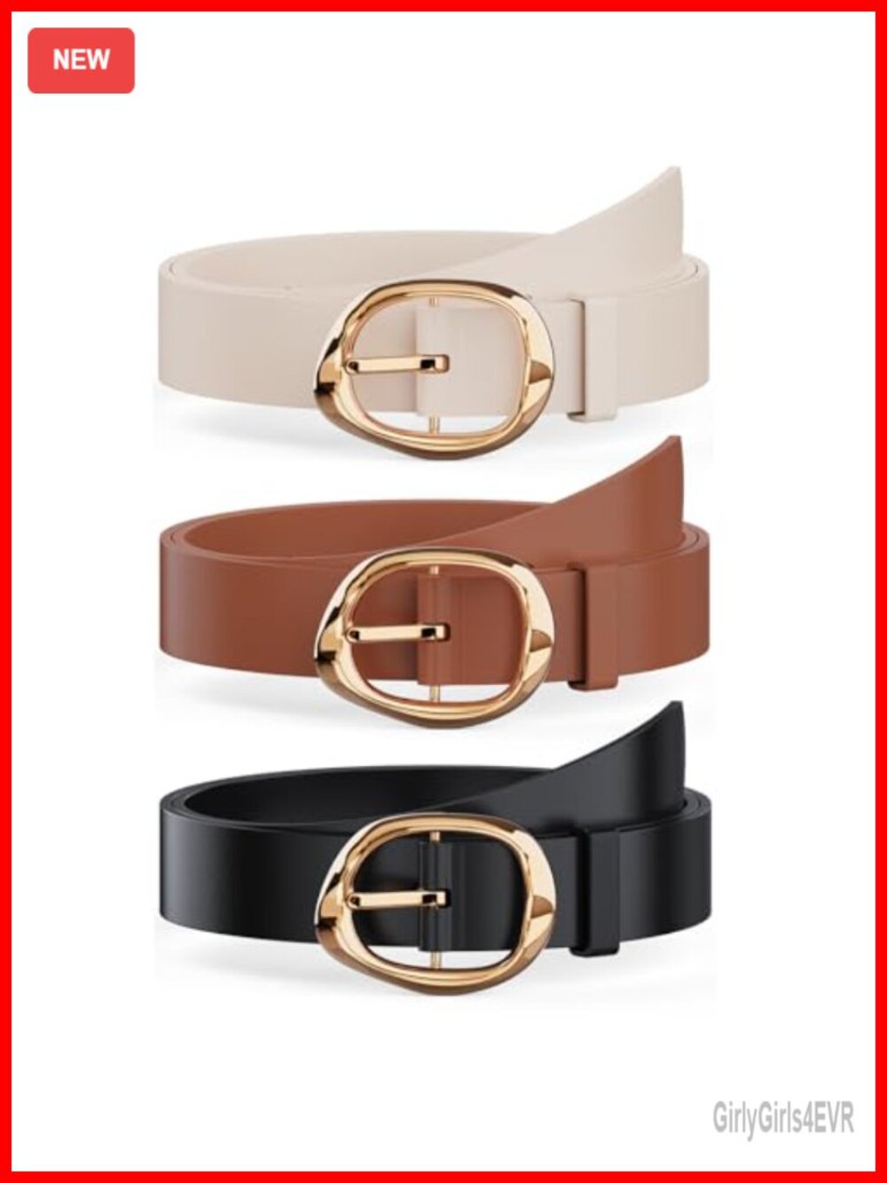 3 Pack Women's Leather Belts with Gold Buckle, 43 inch
